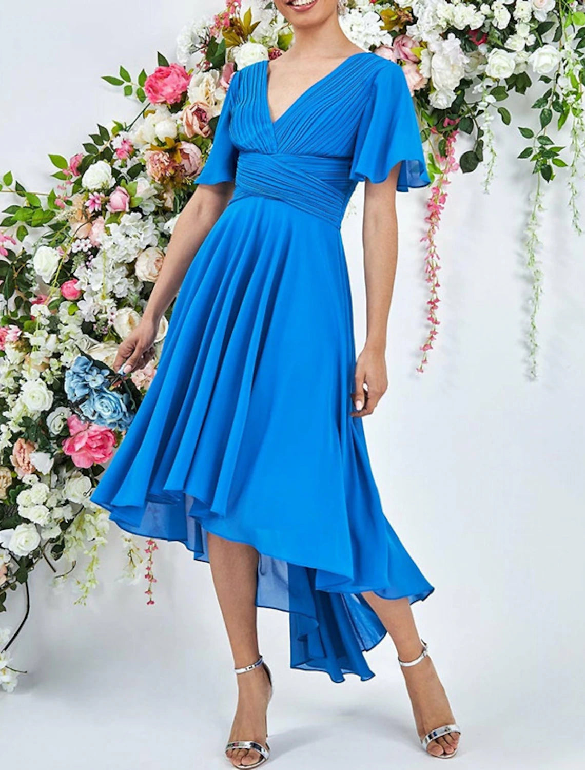 Wholesa A-Line Cocktail Dresses Elegant Dress Wedding Summer Asymmetrical Sleeveless V Neck Chiffon with Ruched