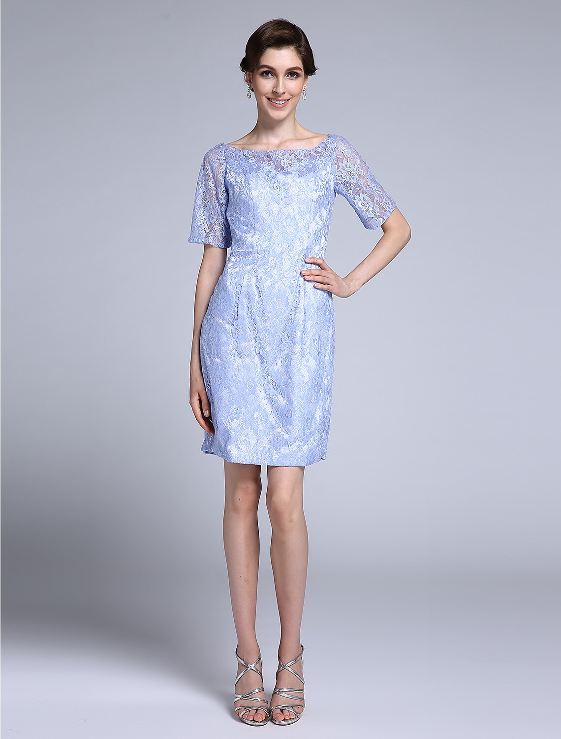 wholesale  Sheath / Column Mother of the Bride Dress Convertible Dress Scoop Neck Knee Length Satin Lace Half Sleeve No with Lace