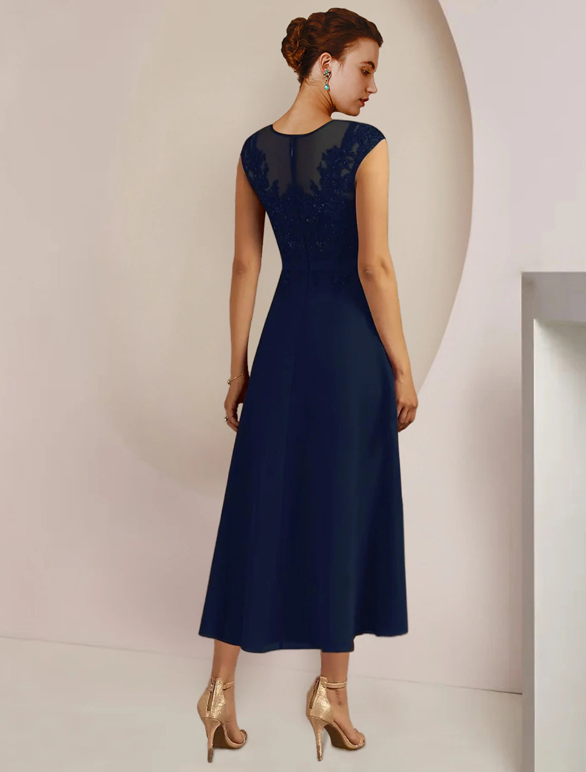 wholesale  Two Piece A-Line Mother of the Bride Dress Formal Wedding Guest Elegant Scoop Neck Tea Length Chiffon Lace 3/4 Length Sleeve Jacket Dresses with Sash / Ribbon Appliques