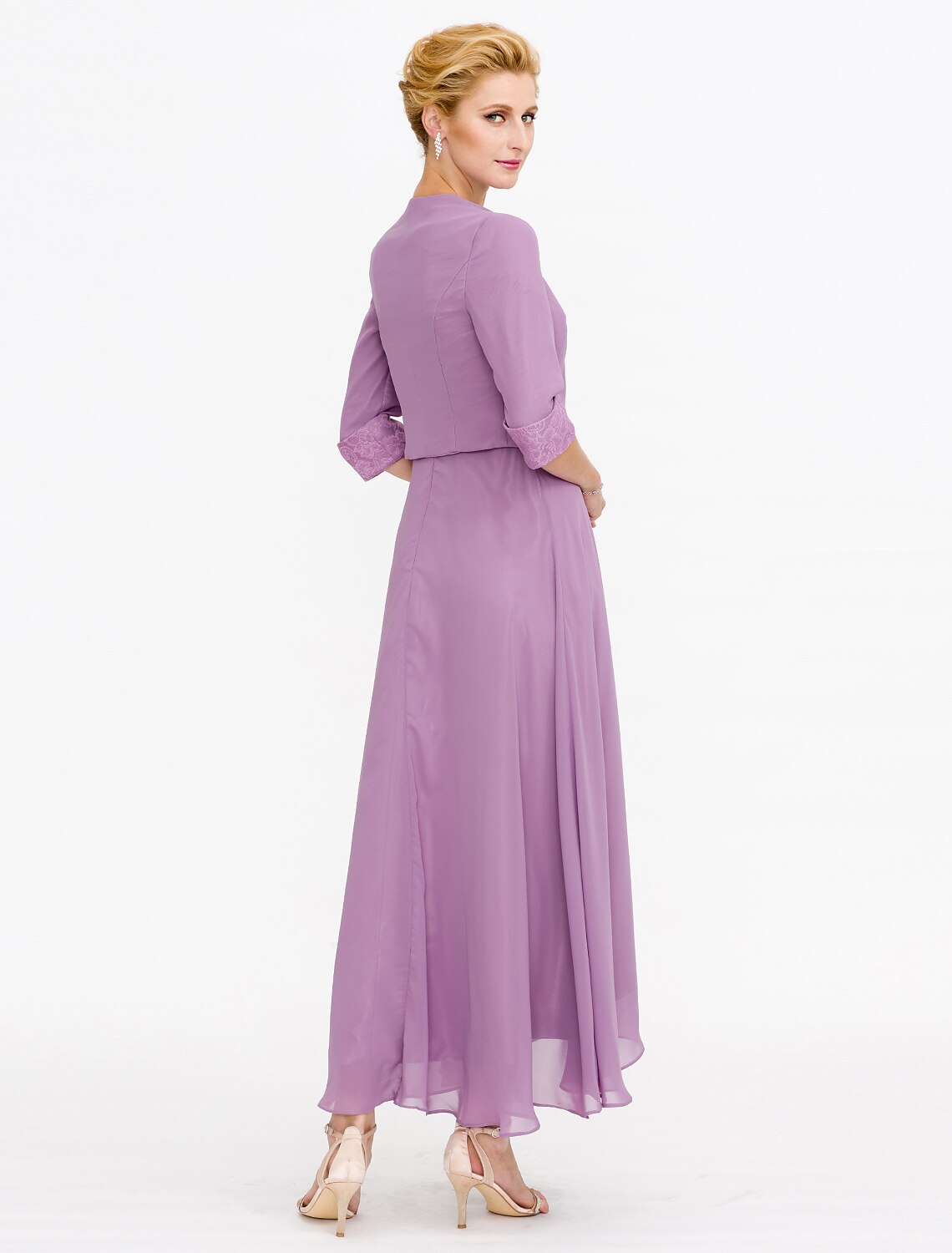 wholesale Two Piece Ball Gown A-Line Mother of the Bride Dress Formal Church Convertible Dress High Low See Through Illusion Neck Asymmetrical Chiffon Lace 3/4 Length Sleeve with Crystals