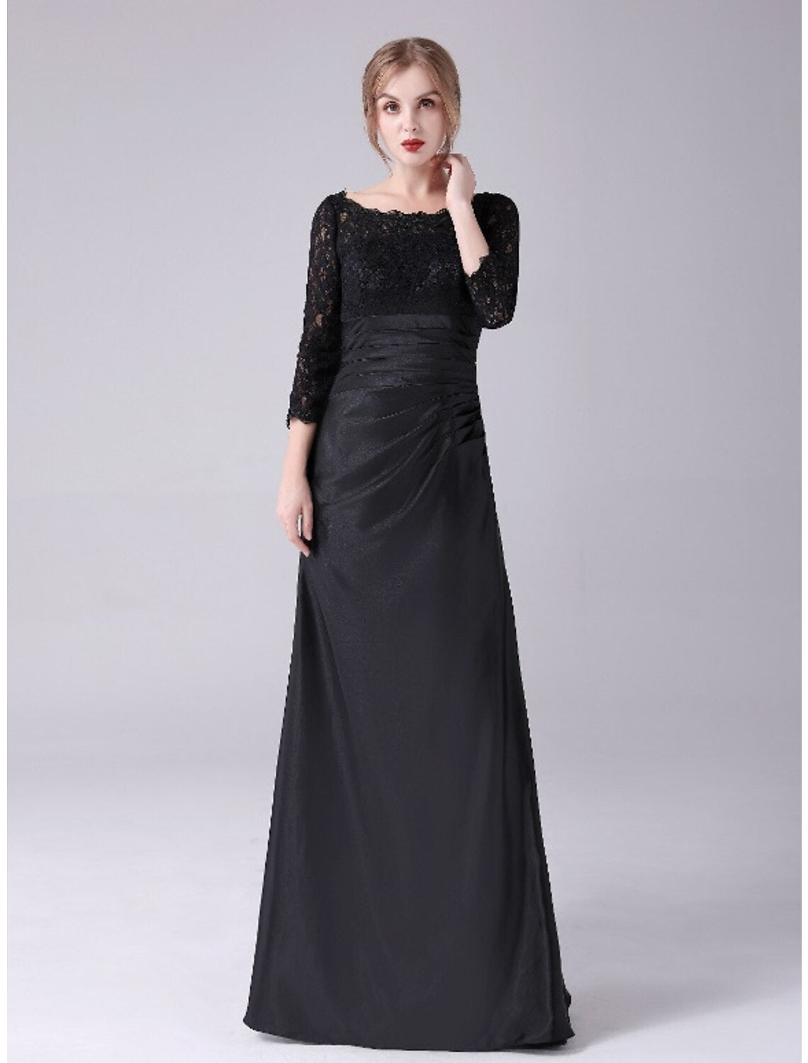 wholesale  Mermaid / Trumpet Mother of the Bride Dress Plus Size Elegant Jewel Neck Floor Length Stretch Satin 3/4 Length Sleeve with Lace Ruching