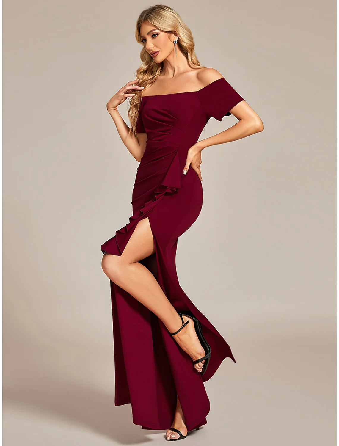 Wholesa Prom Dress Wedding Guest Dress Long Black Wine Short Sleeve Pure Color Ruched Summer Spring Fall Off Shoulder