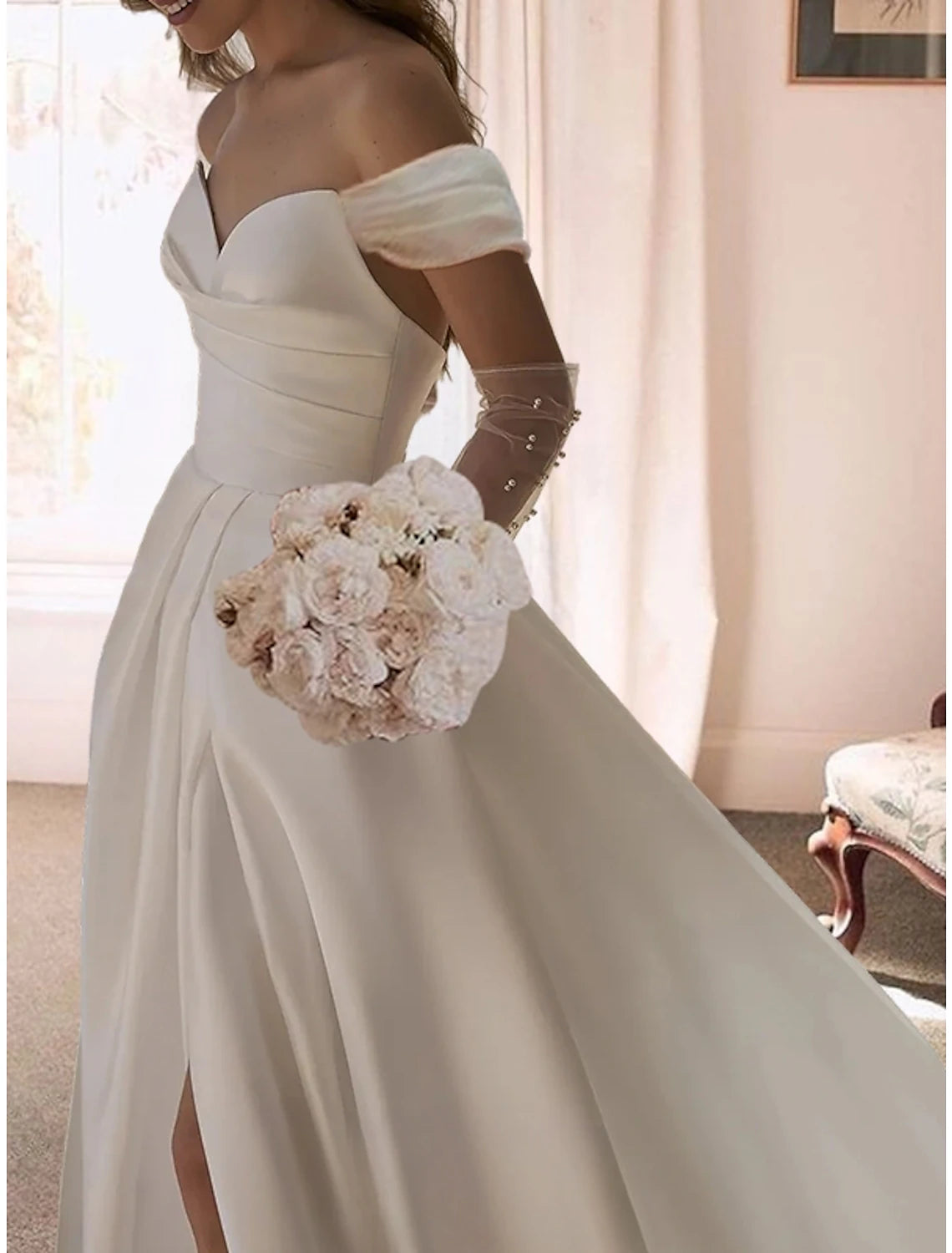 Wholesa Reception Formal Wedding Dresses Ball Gown Off Shoulder Short Sleeve Sweep / Brush Train Satin Bridal Gowns With Ruched Split Front