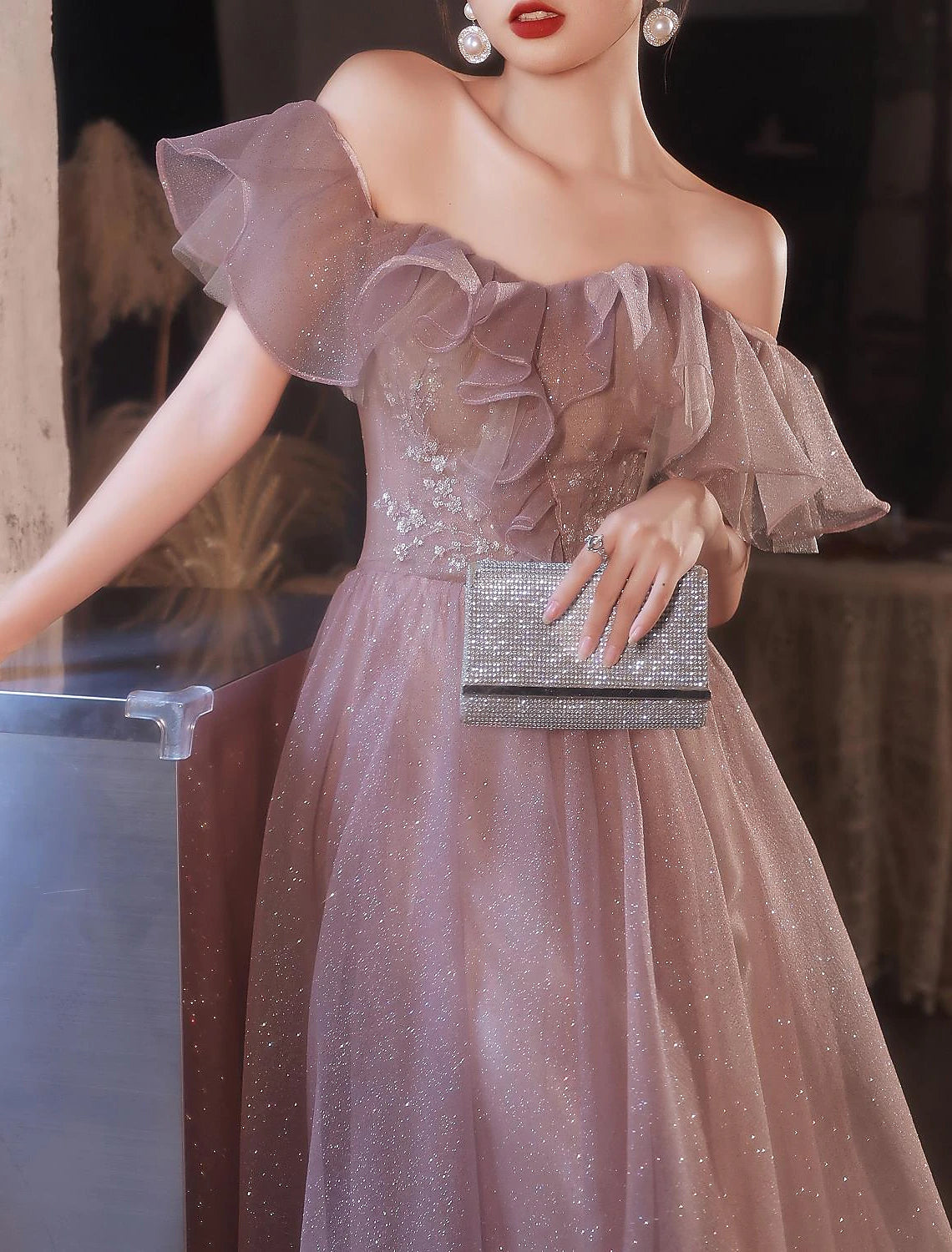 Wholesa A-Line Beautiful Back Elegant Prom Formal Evening Birthday Dress Off Shoulder Short Sleeve Floor Length Lace with Appliques