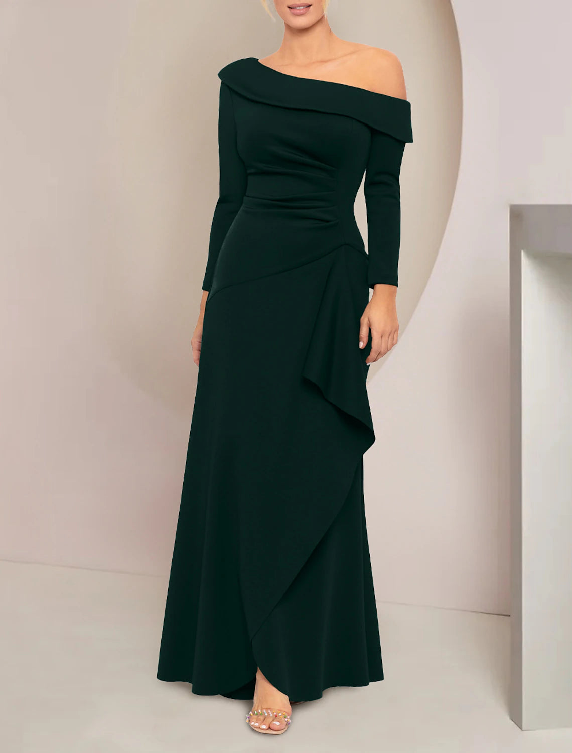 Wholesa A-Line Mother of the Bride Dress Wedding Guest Elegant Party Off Shoulder Floor Length Stretch Fabric Long Sleeve with Ruffles Ruching Solid Color