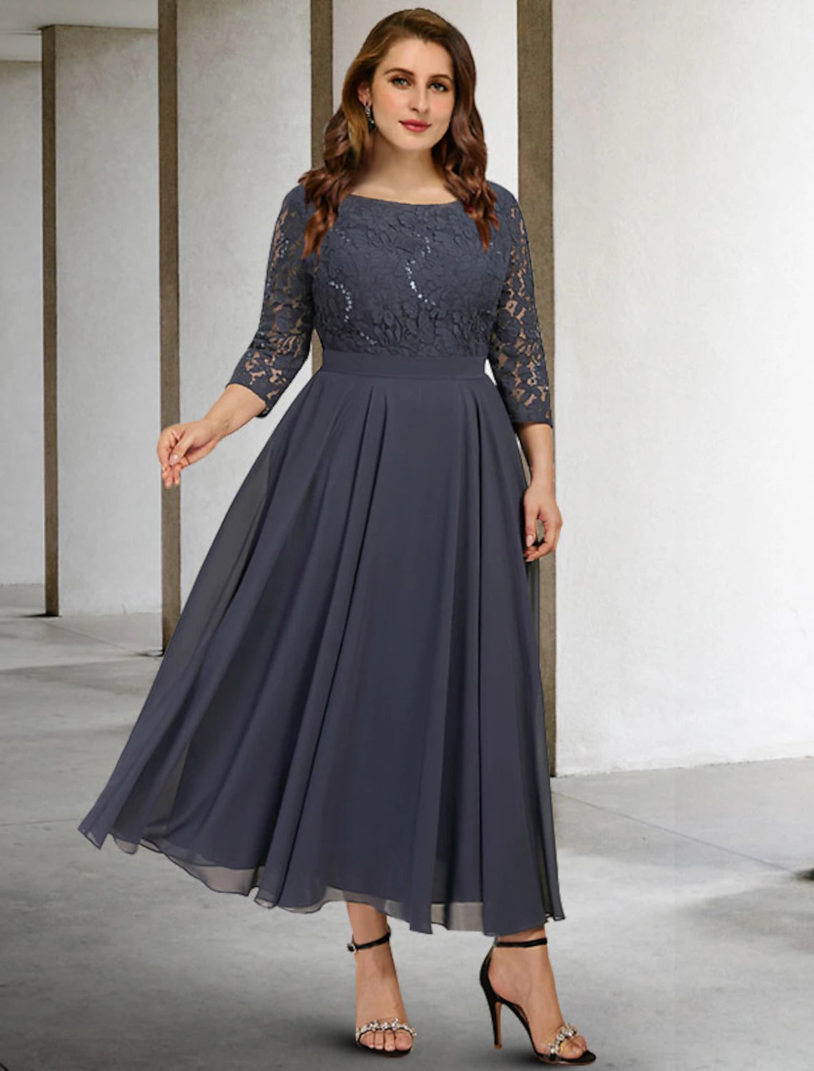 wholesale  A-Line Mother of the Bride Dresses Plus Size Hide Belly Curve Elegant Dress Formal Tea Length 3/4 Length Sleeve Jewel Neck Chiffon with Pleats