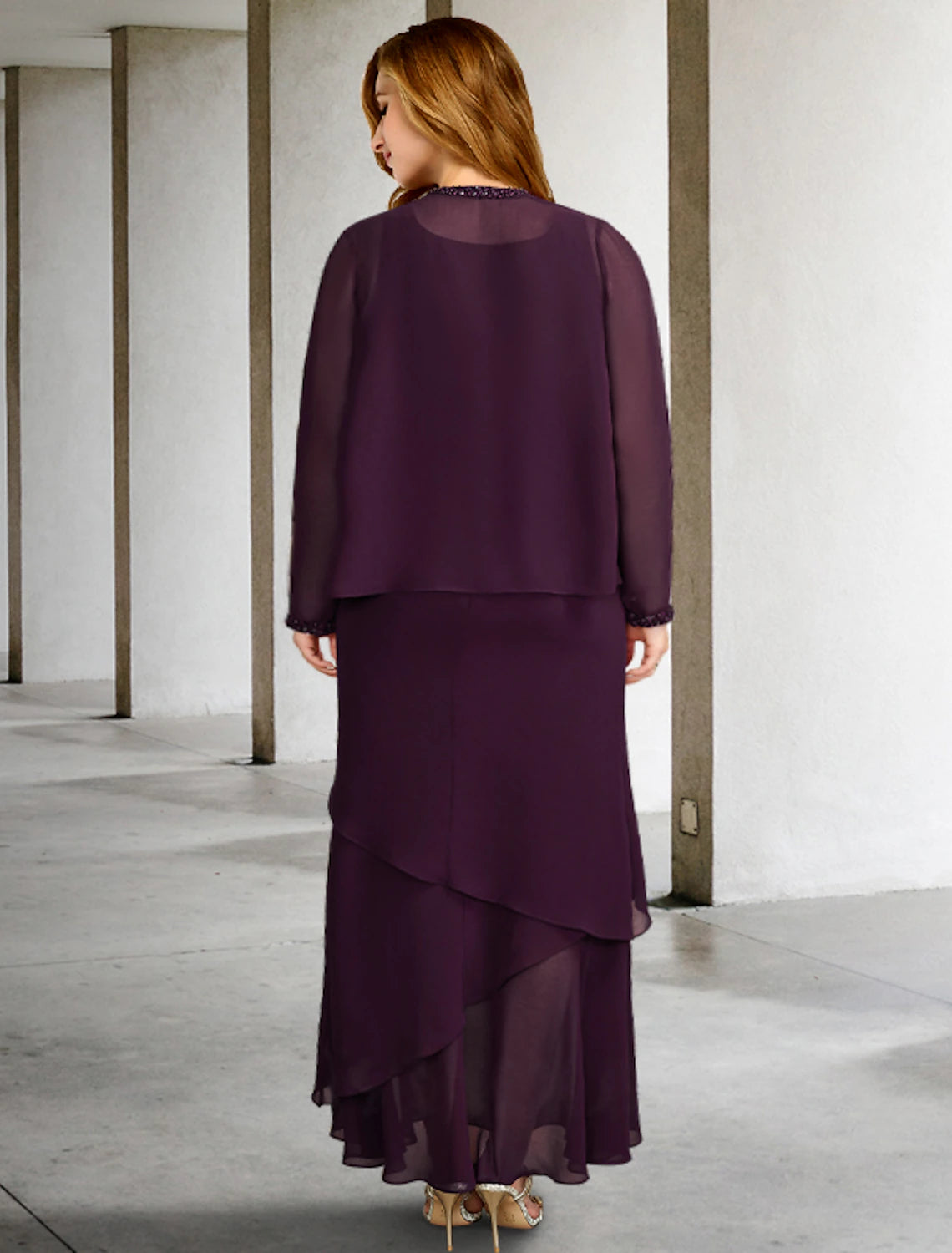 wholesale  Two Piece A-Line Mother of the Bride Dresses Plus Size Hide Belly Curve Elegant Dress Formal Ankle Length Sleeveless Square Neck Chiffon with Beading Ruffles