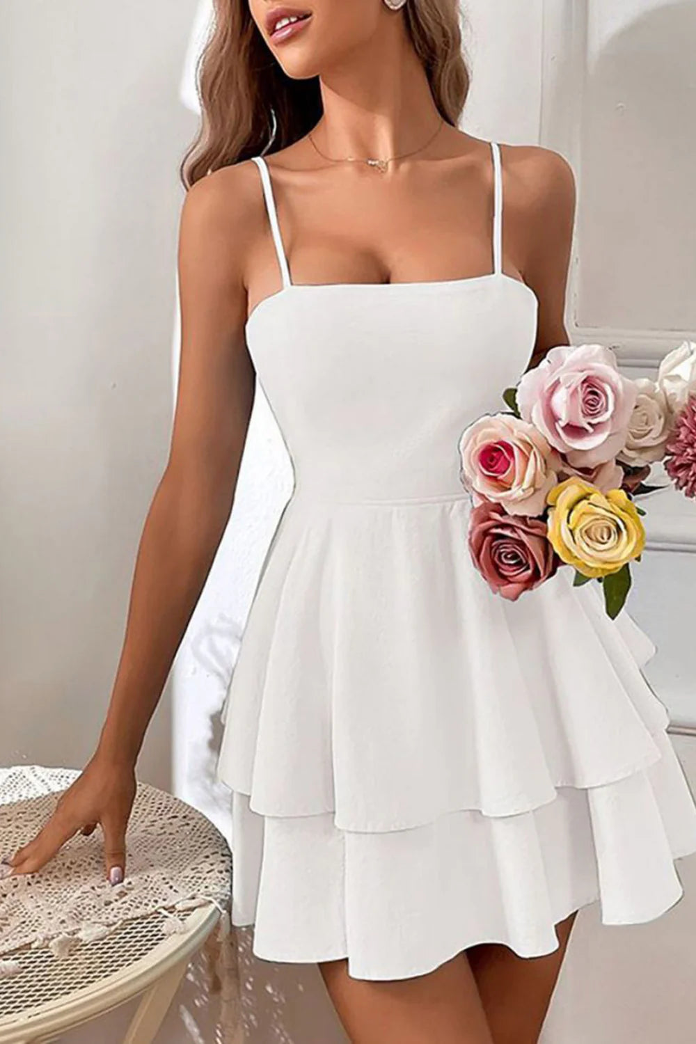 white spaghetti strap graduation dress Chic Spaghetti Straps Beautiful Short Prom Dress White Homecoming Grad –  SELINADRESS main image 0