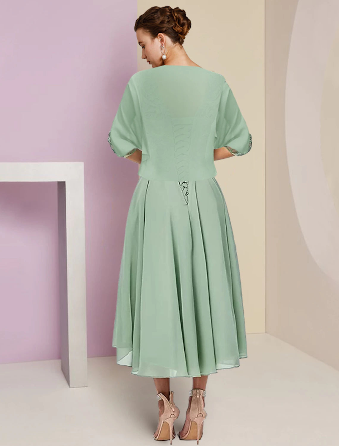 wholesale  Two Piece A-Line Mother of the Bride Dress Formal Wedding Guest Elegant High Low Scoop Neck Asymmetrical Tea Length Chiffon Lace Half Sleeve Wrap Included with Beading Appliques