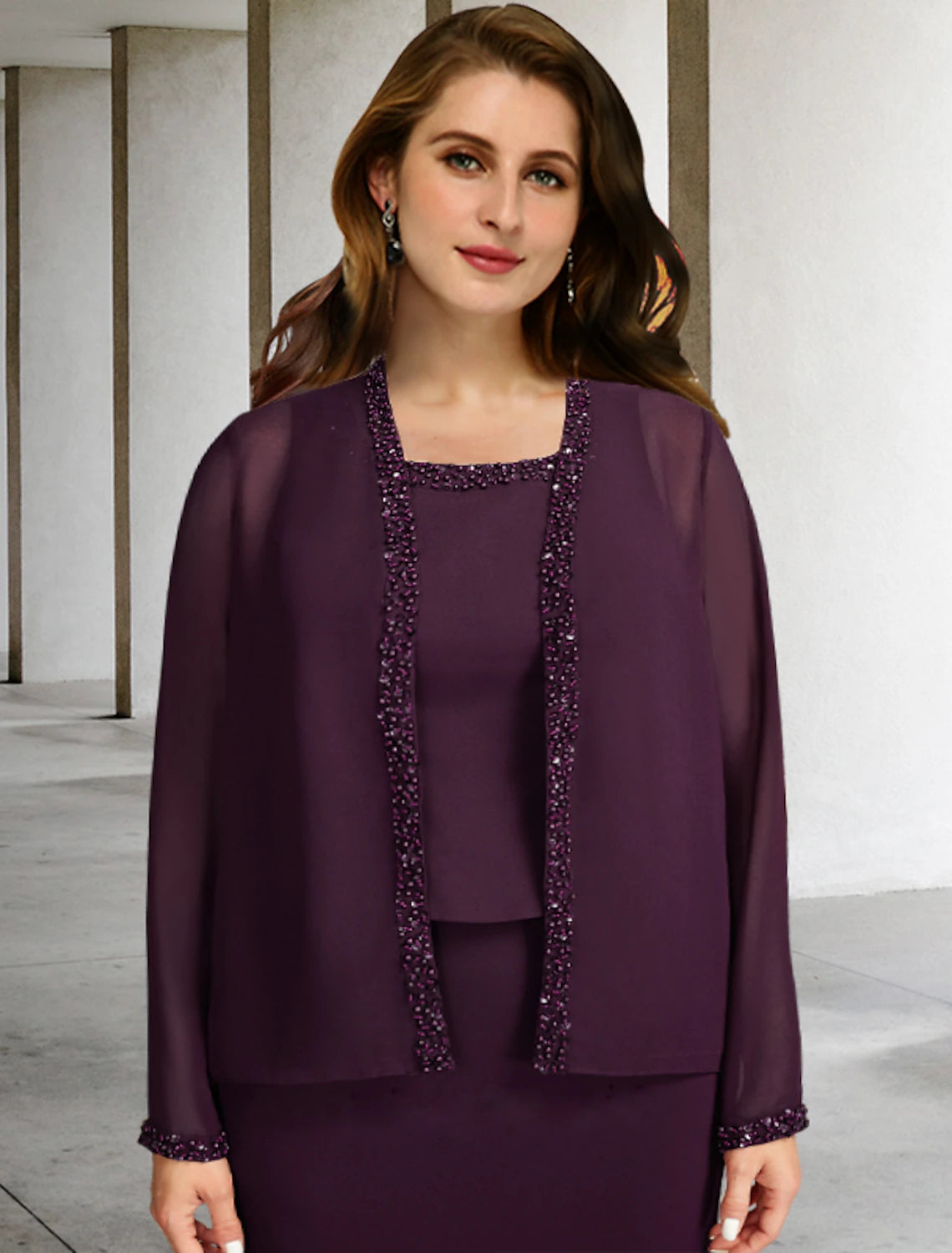 wholesale  Two Piece A-Line Mother of the Bride Dresses Plus Size Hide Belly Curve Elegant Dress Formal Ankle Length Sleeveless Square Neck Chiffon with Beading Ruffles