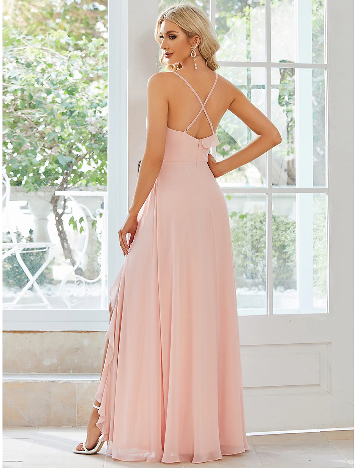 Wholesa A-Line Wedding Guest Dresses Casual Dress Party Wear Wedding Party Floor Length Sleeveless Spaghetti Strap Chiffon with Ruffles Slit
