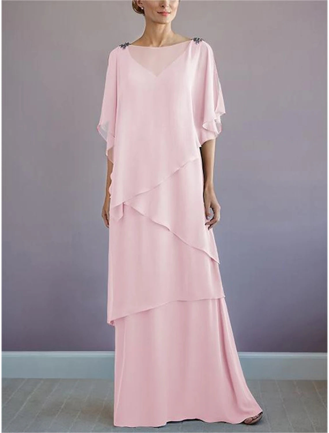 Wholesa A-Line Mother of the Bride Dress Formal Wedding Guest Elegant Bateau Neck Floor Length Chiffon Half Sleeve with Ruffles Draping Tier