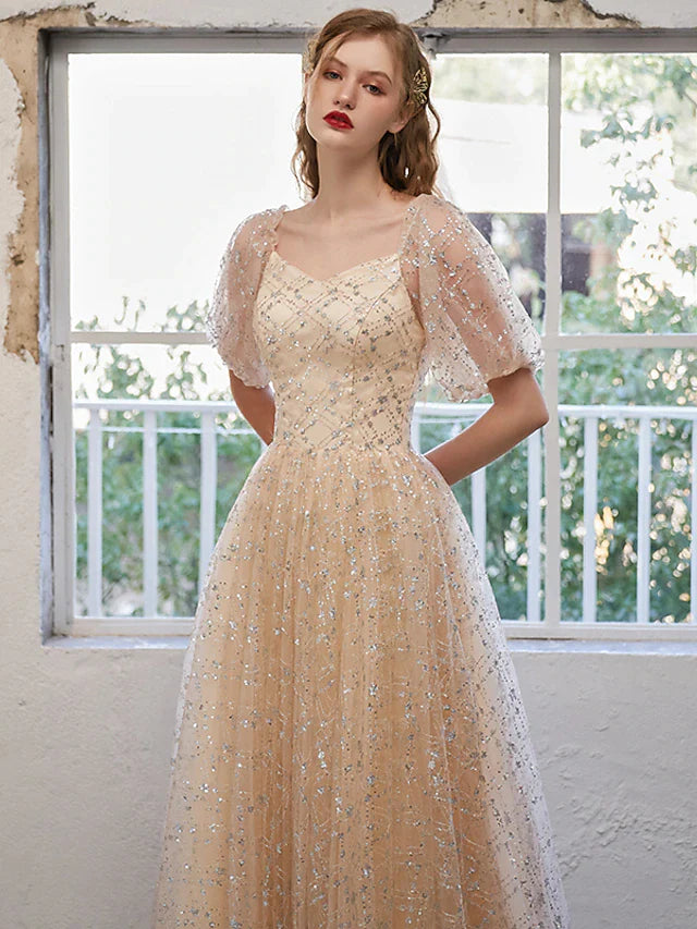 Wholesa A-Line Glittering Elegant Prom Formal Evening Dress Scoop Neck Short Sleeve Floor Length Tulle with Pleats Sequin 2022 / Puff Balloon Sleeve