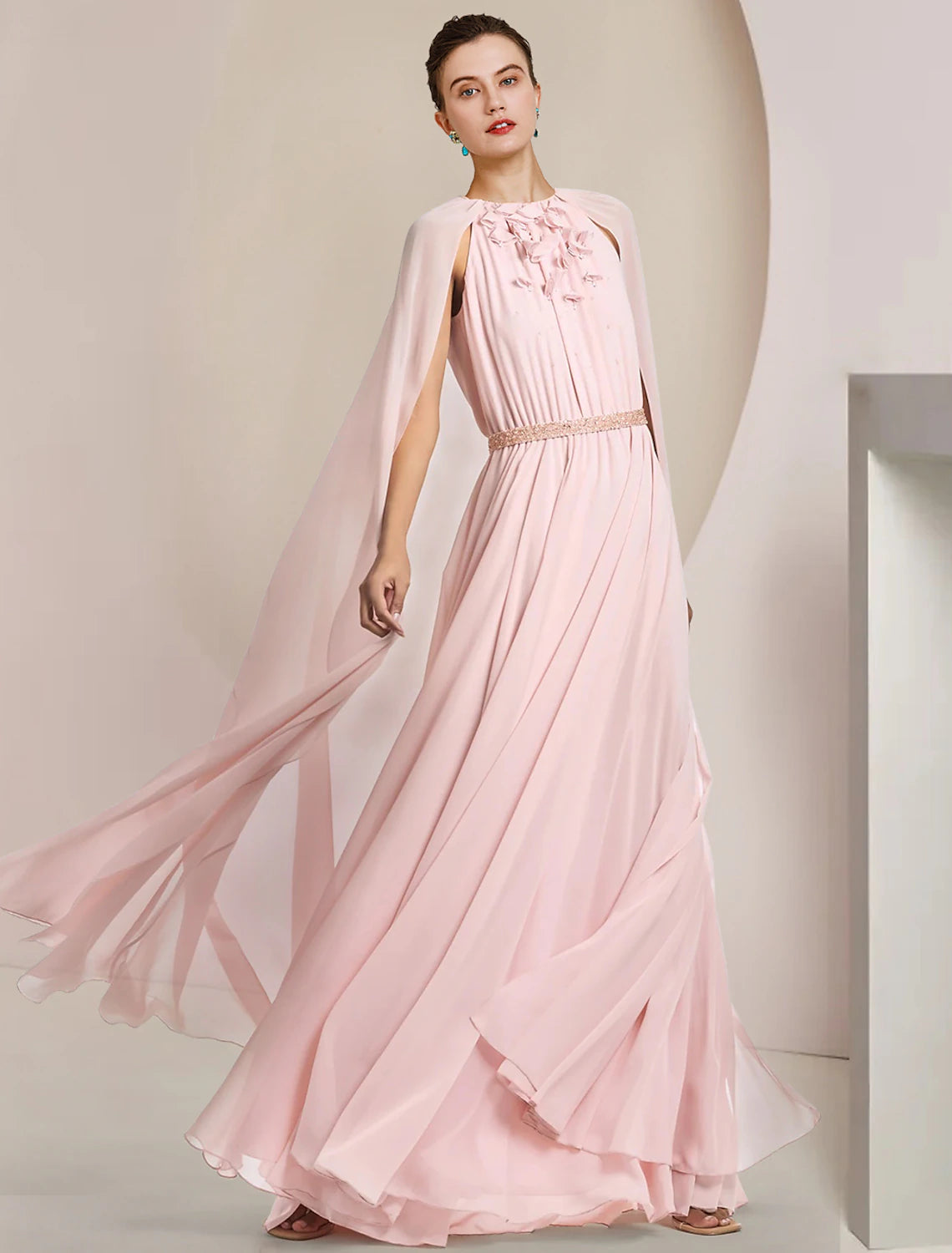 wholesale  A-Line Mother of the Bride Dress Formal Wedding Guest Elegant Scoop Neck Floor Length Chiffon Sleeveless with Sash / Ribbon Flower