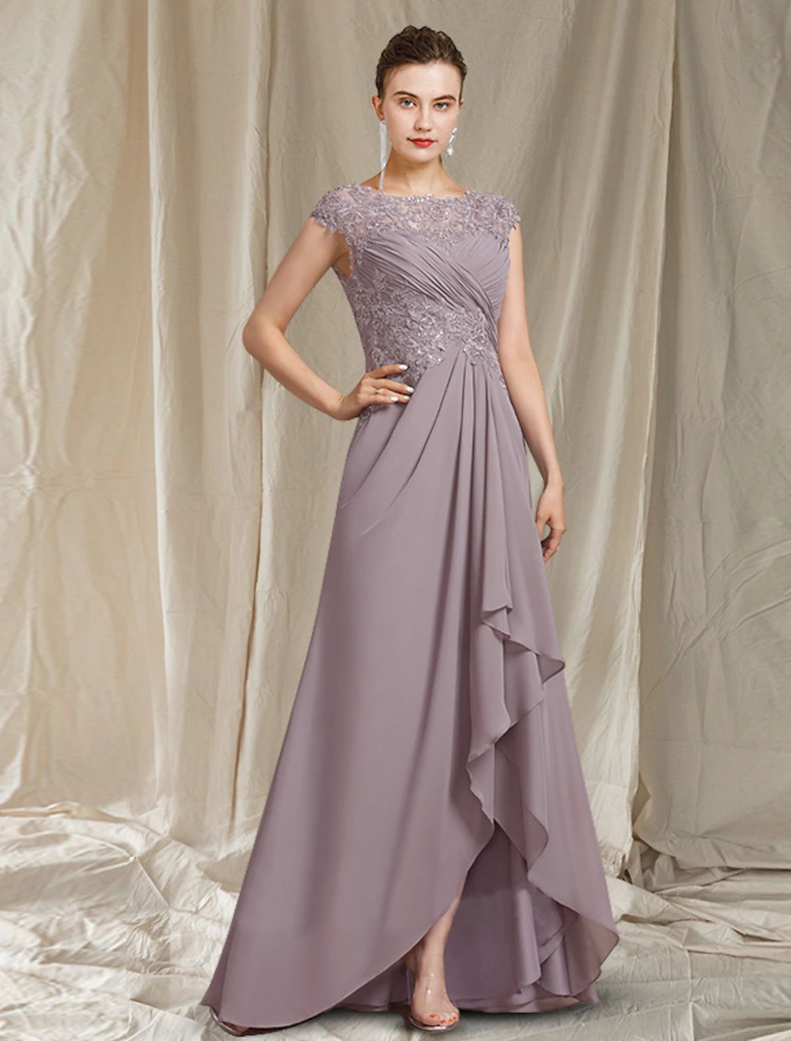 wholesale  A-Line Mother of the Bride Dress Elegant High Low Jewel Neck Asymmetrical Floor Length Chiffon Lace Short Sleeve with Pleats Sequin Appliques