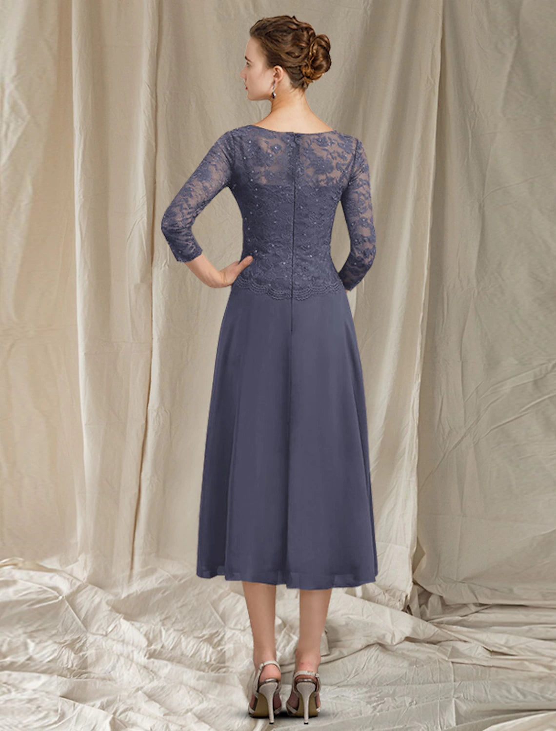 wholesale   A-Line Mother of the Bride Dress Elegant Jewel Neck Tea Length Chiffon Lace 3/4 Length Sleeve with Sequin