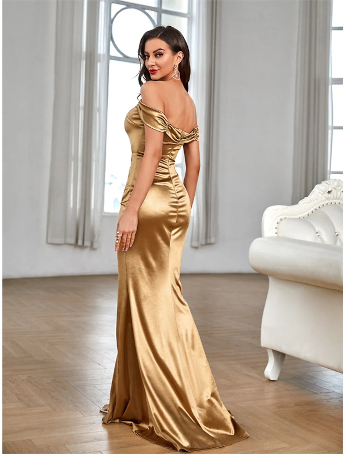 wholesa Mermaid / Trumpet Party Dresses Vintage Dress Wedding Party Summer Sweep / Brush Train Sleeveless Off Shoulder Stretch Satin with Ruched Slit