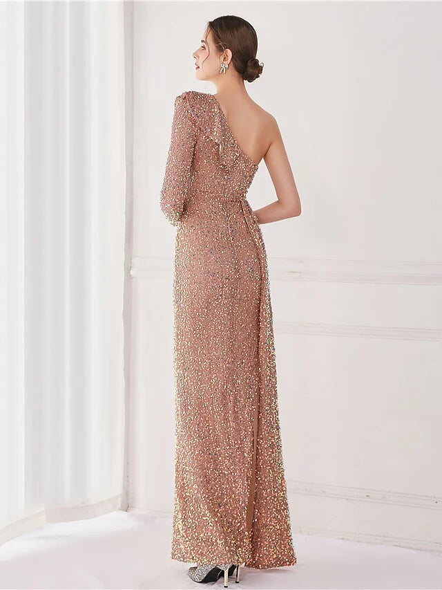 Wholesa Mermaid / Trumpet Evening Gown Elegant Dress Wedding Guest Floor Length Long Sleeve One Shoulder Sequined V Back with Sequin Slit