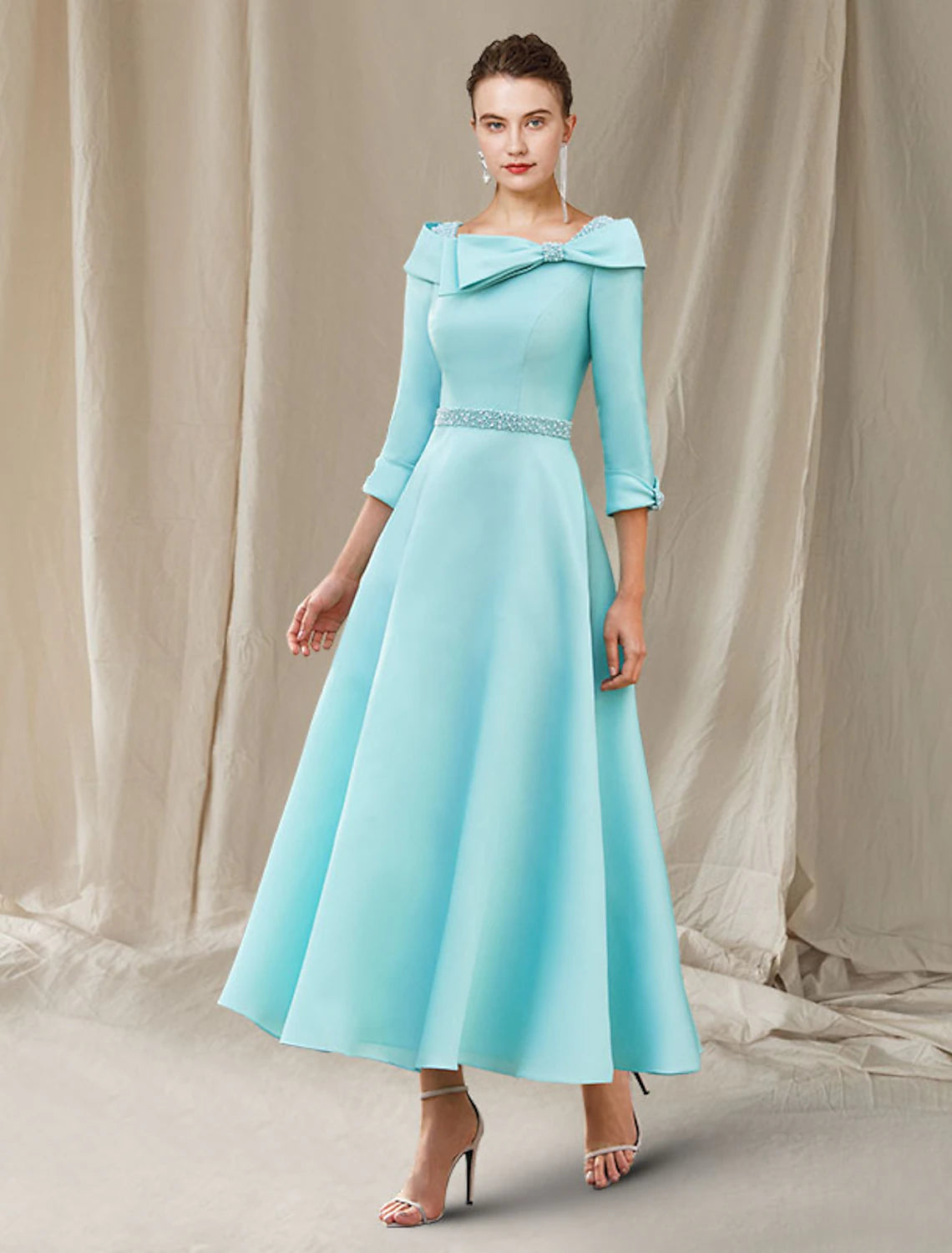 wholesale  A-Line Mother of the Bride Dress Wedding Guest Luxurious Elegant Bateau Neck Ankle Length Satin 3/4 Length Sleeve with Sash / Ribbon Bow(s) Beading