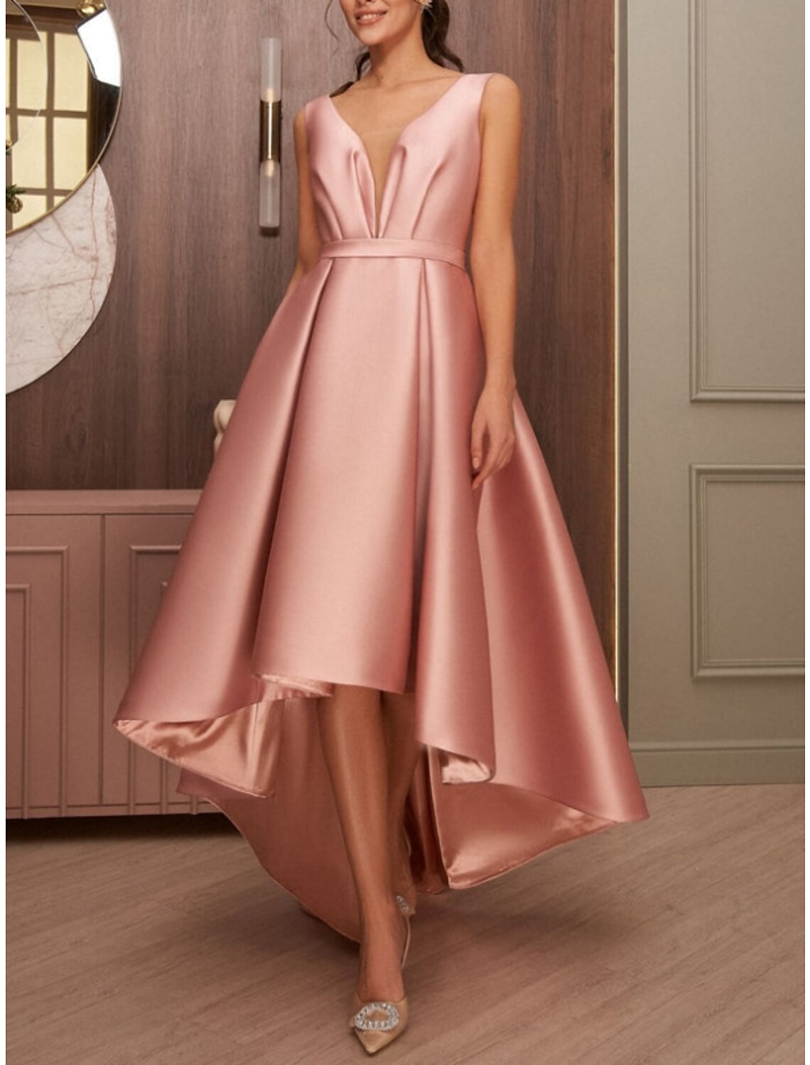 Wholesa A-Line Cocktail Dresses Elegant Dress Wedding Wedding Guest Asymmetrical Sleeveless V Neck Satin with Bow(s) Pleats