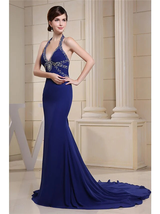 Wholesa Mermaid / Trumpet Evening Gown Sparkle Dress Engagement Chapel Train Sleeveless Halter Chiffon with Beading