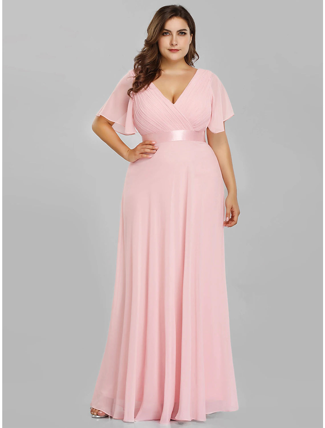 wholesale  A-Line Mother of the Bride Dress Plus Size Elegant V Neck Floor Length Chiffon Short Sleeve with Sash / Ribbon Ruching