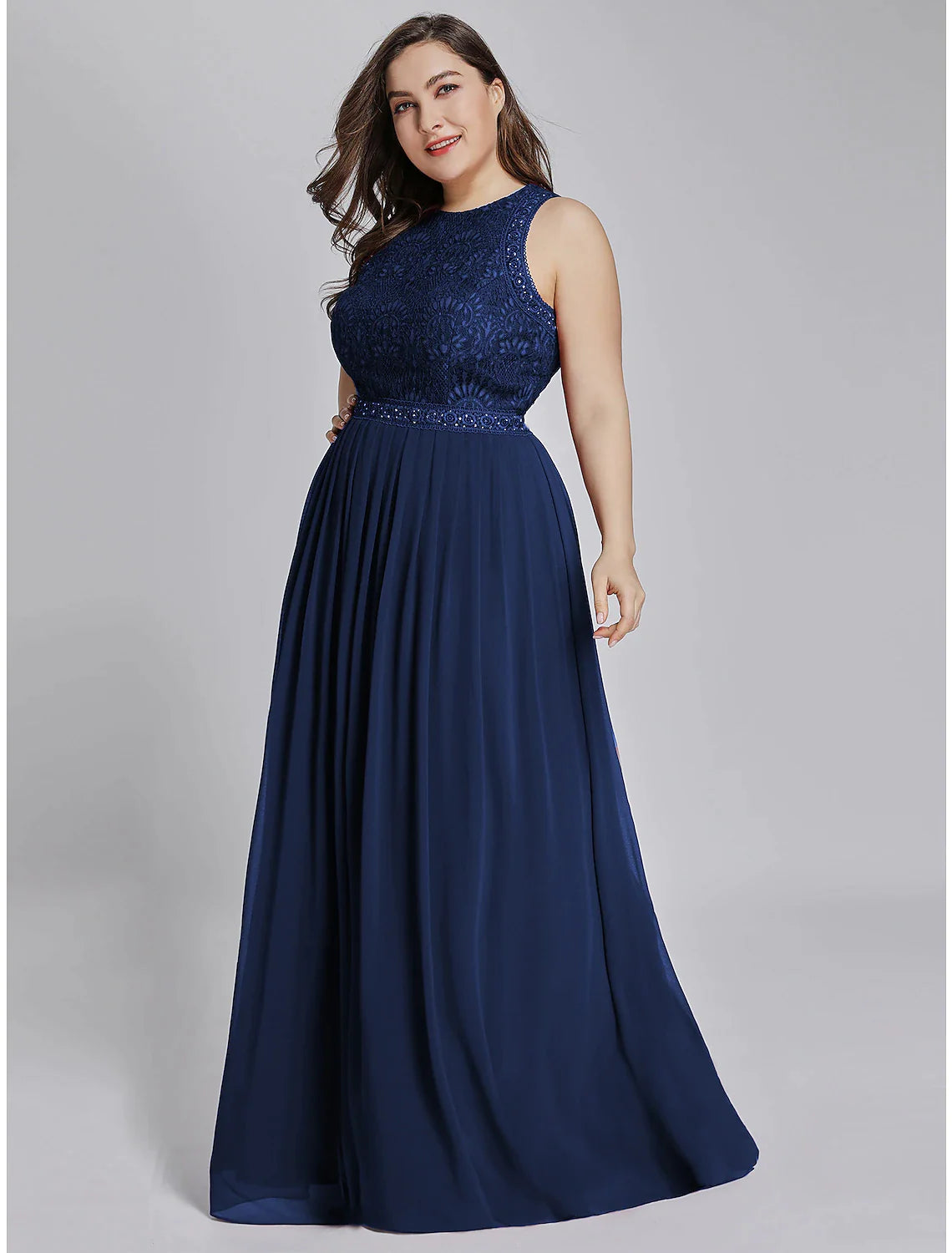 Wholesa A-Line Prom Dresses Maxi Dress Wedding Guest Floor Length Sleeveless Jewel Neck Chiffon with Pleats Lace Insert