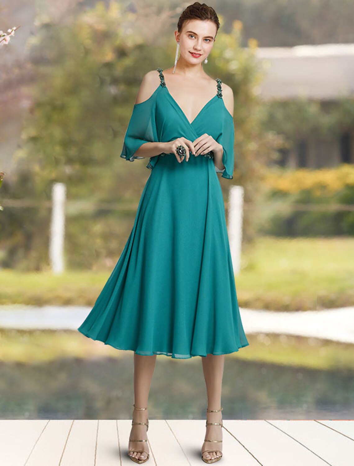 wholesale  A-Line Mother of the Bride Dress Elegant Sweet V Neck Tea Length Chiffon Sleeveless with Sash / Ribbon Beading