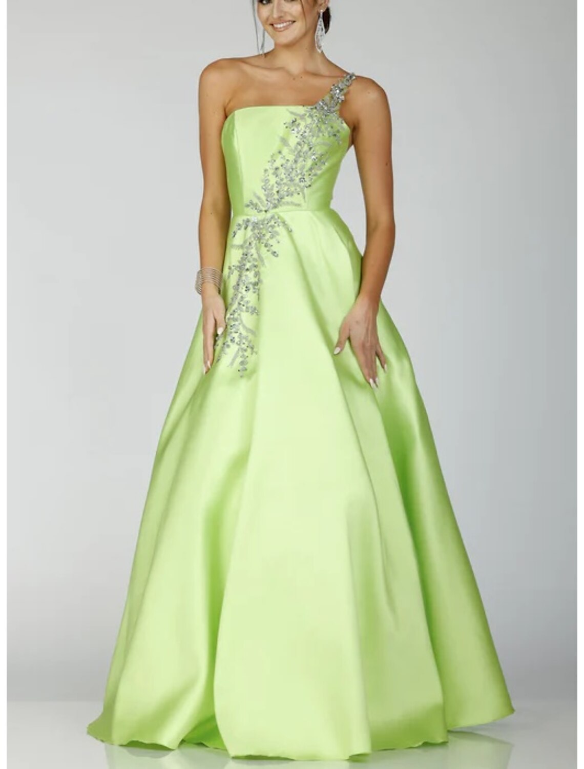 Wholesa  A-Line Prom Dresses Sparkle Dress Formal Prom Floor Length Sleeveless One Shoulder Satin Backless with Glitter Sequin