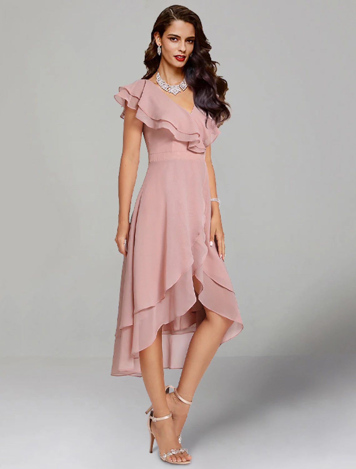 Wholesa  A-Line Wedding Guest Dresses Elegant Dress Cocktail Party Semi Formal Tea Length Short Sleeve V Neck Chiffon with Slit