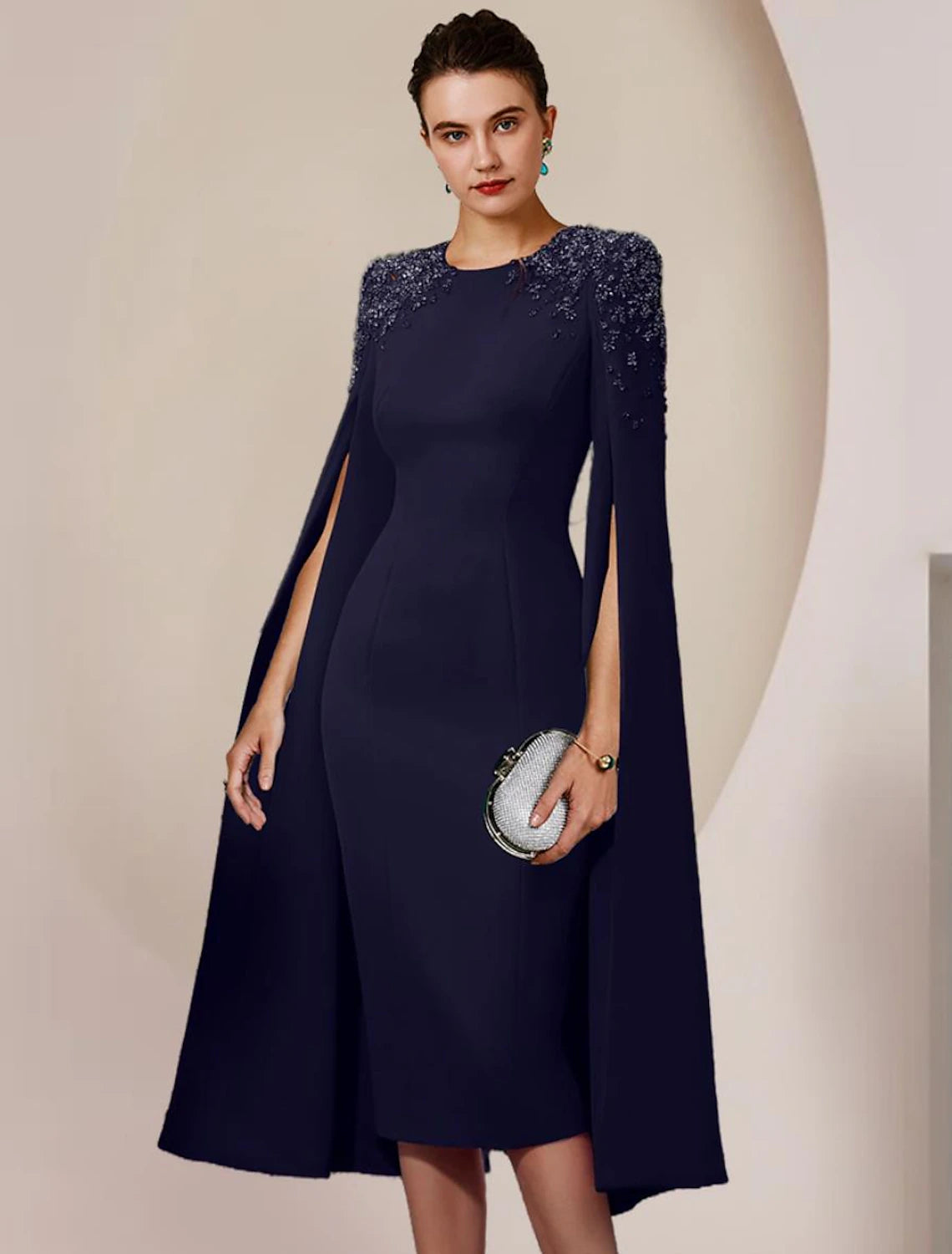 wholesale  Sheath / Column Mother of the Bride Dress Formal Wedding Guest Elegant Scoop Neck Knee Length Stretch Chiffon Long Sleeve with Beading