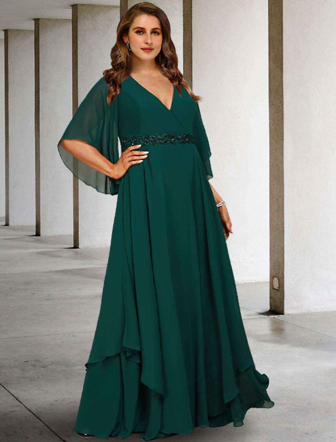 wholesale  A-Line Mother of the Bride Dresses Plus Size Hide Belly Curve Elegant Dress Formal Sweep / Brush Train Half Sleeve V Neck Chiffon with Ruffles Strappy