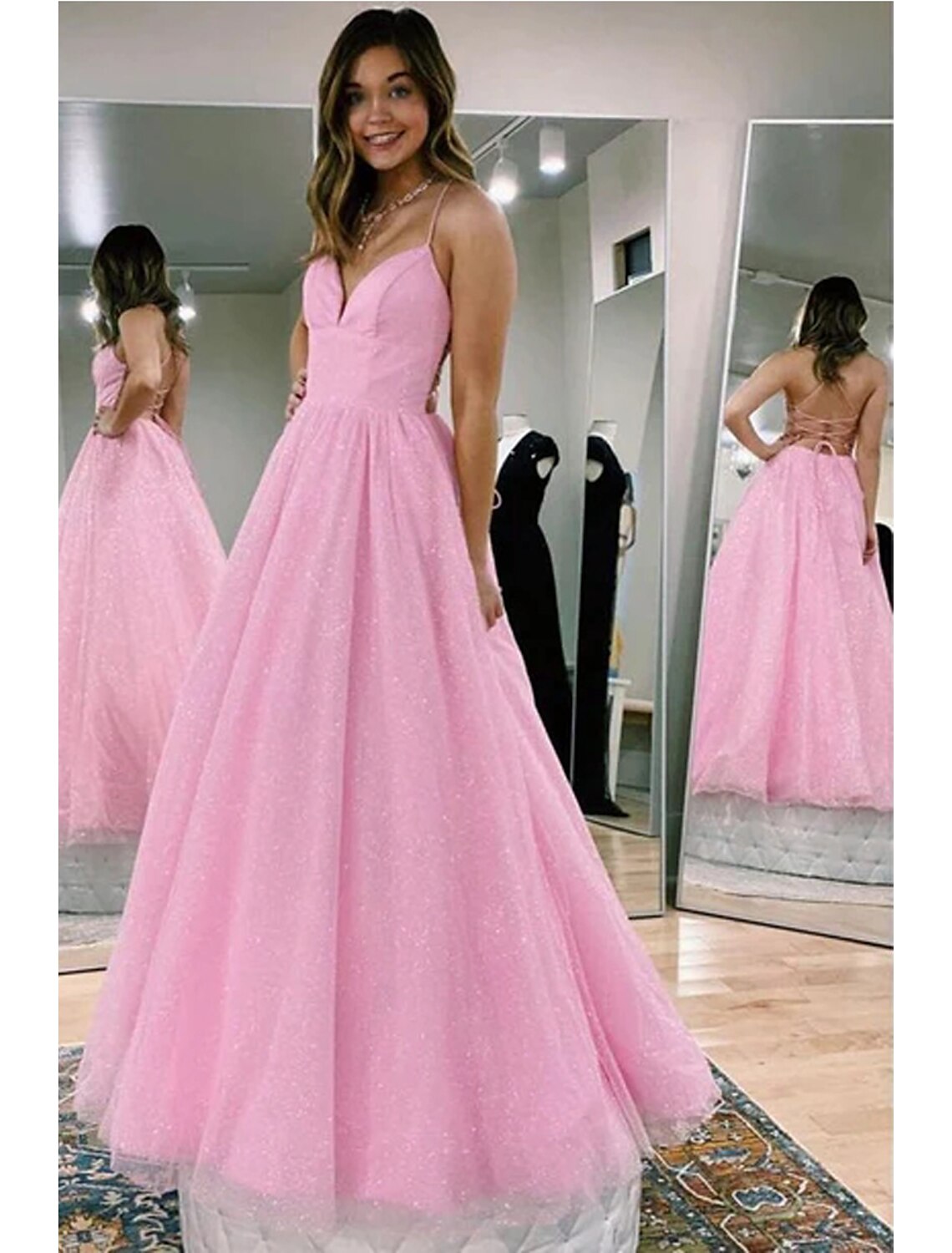 wholesale  Ball Gown A-Line Prom Dresses Glittering Dress Formal Prom Floor Length Sleeveless V Neck Tulle Backless with Pleats