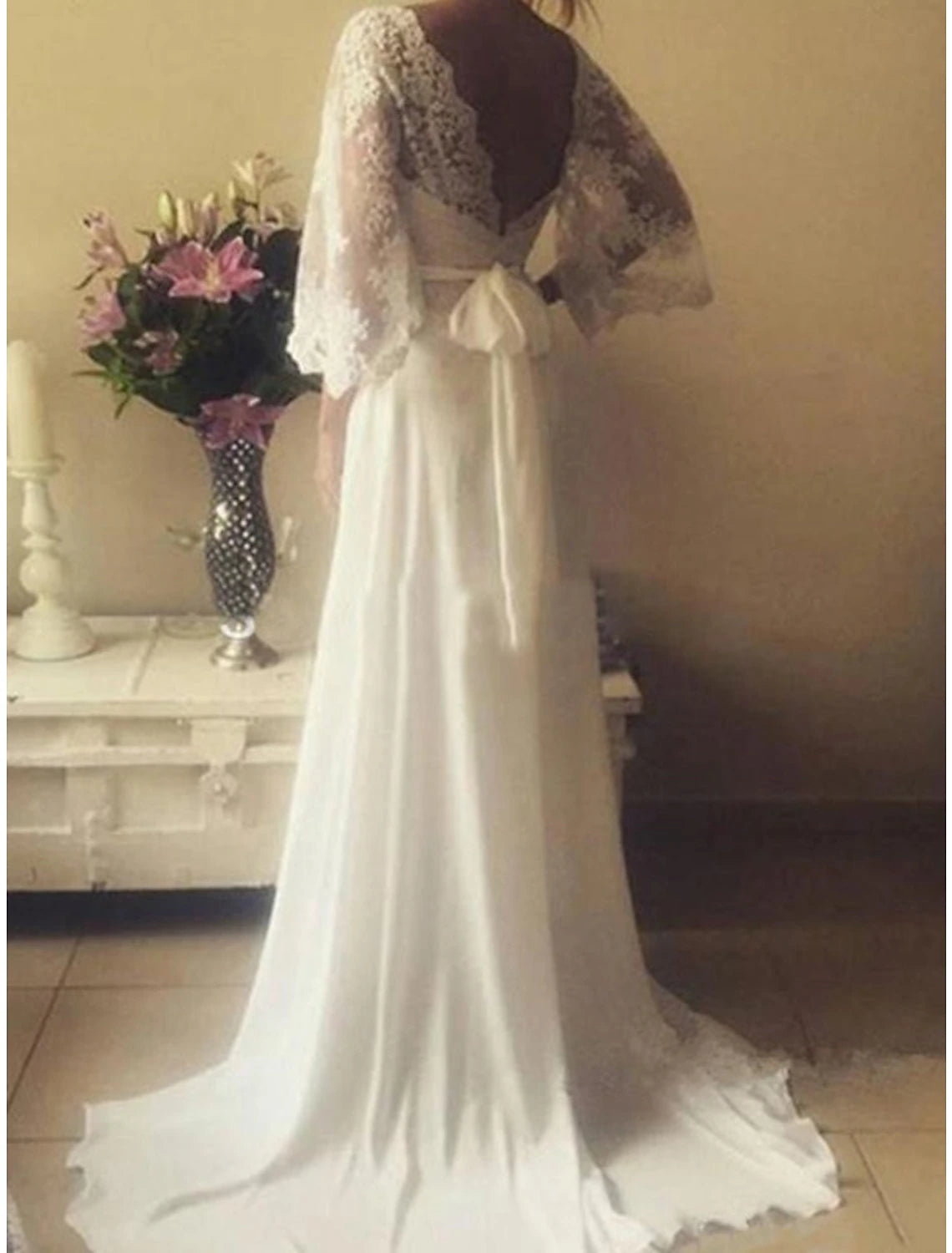 Wholesa Beach Boho Wedding Dresses A-Line V Neck 3/4 Length Sleeve Sweep / Brush Train Chiffon Bridal Gowns With Sashes / Ribbons Appliques