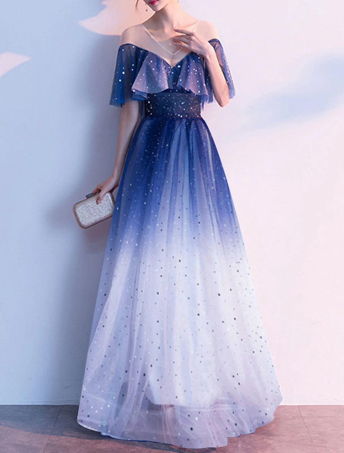 Wholesa  A-Line Glittering Gradient Prom Formal Evening Dress V Neck Half Sleeve Floor Length Tulle with Pleats Sequin