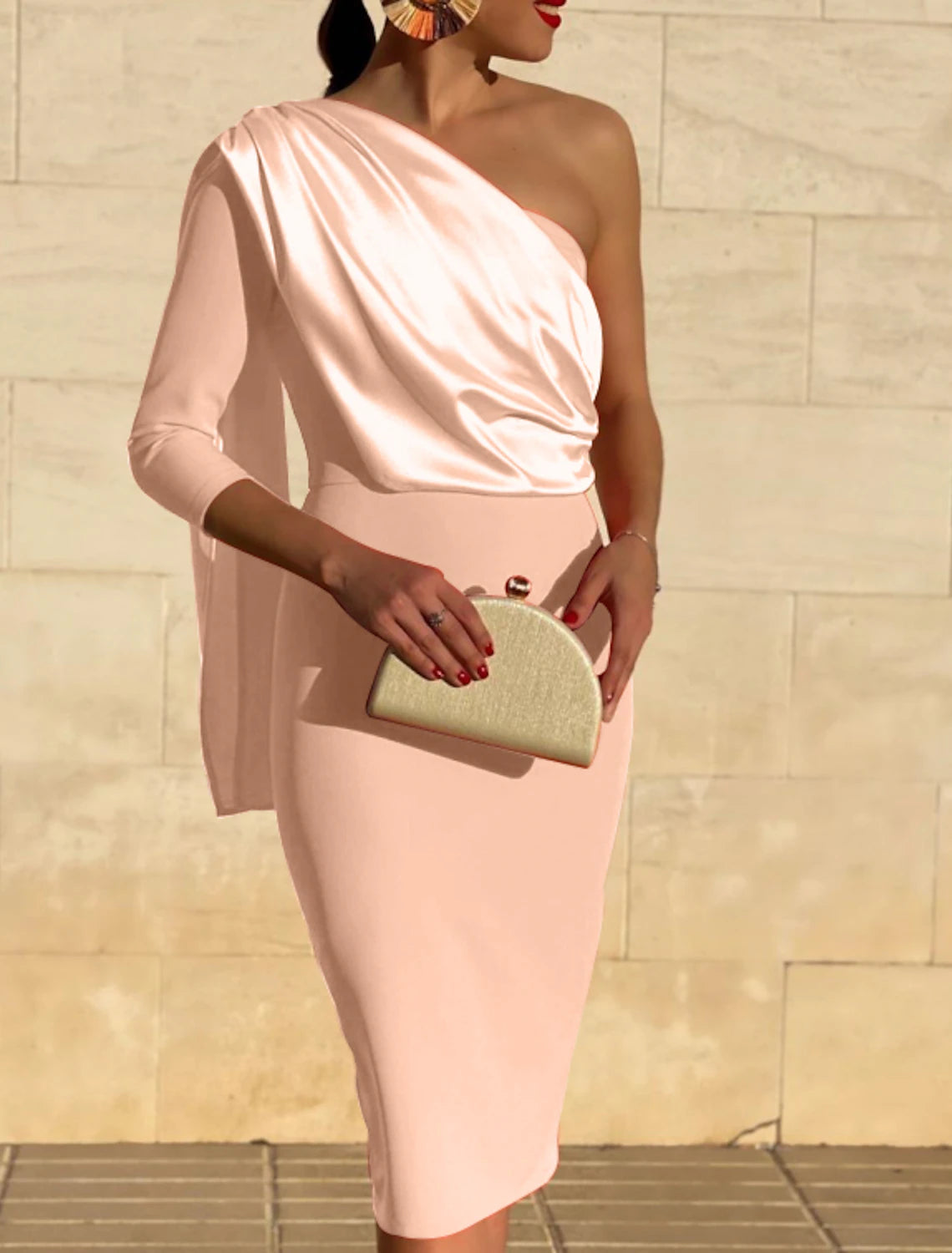wholesale  Sheath / Column Cocktail Dresses Vintage Dress Fall Wedding Guest Dress Knee Length 3/4 Length Sleeve One Shoulder Stretch Fabric with Draping