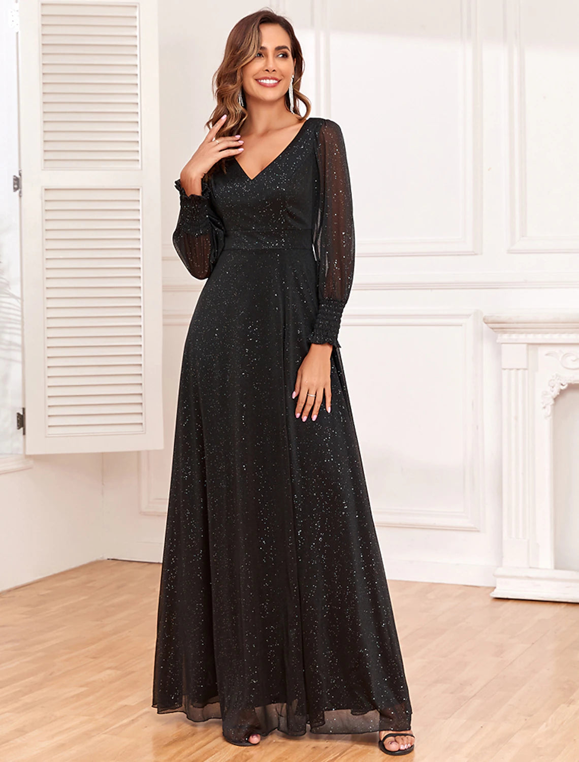 Wholesa A-Line Evening Gown Empire Dress Party Wear Floor Length Long Sleeve V Neck Tulle V Back with Glitter Slit