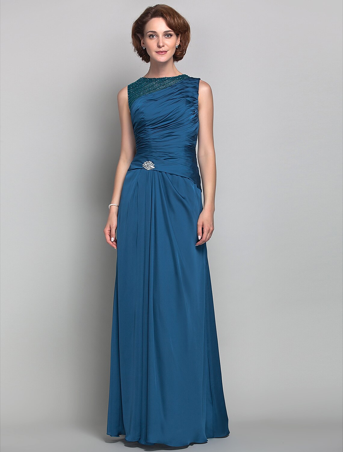 wholesale  Sheath / Column Mother of the Bride Dress Vintage Inspired Jewel Neck Floor Length Satin Chiffon Sleeveless with Beading