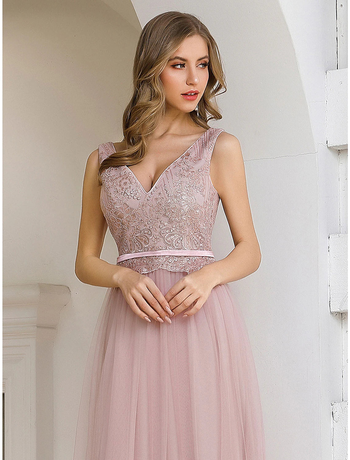 wholesa A-Line Evening Gown Elegant Dress Wedding Guest Formal Evening Floor Length Sleeveless V Neck Satin V Back with Sash / Ribbon Sequin