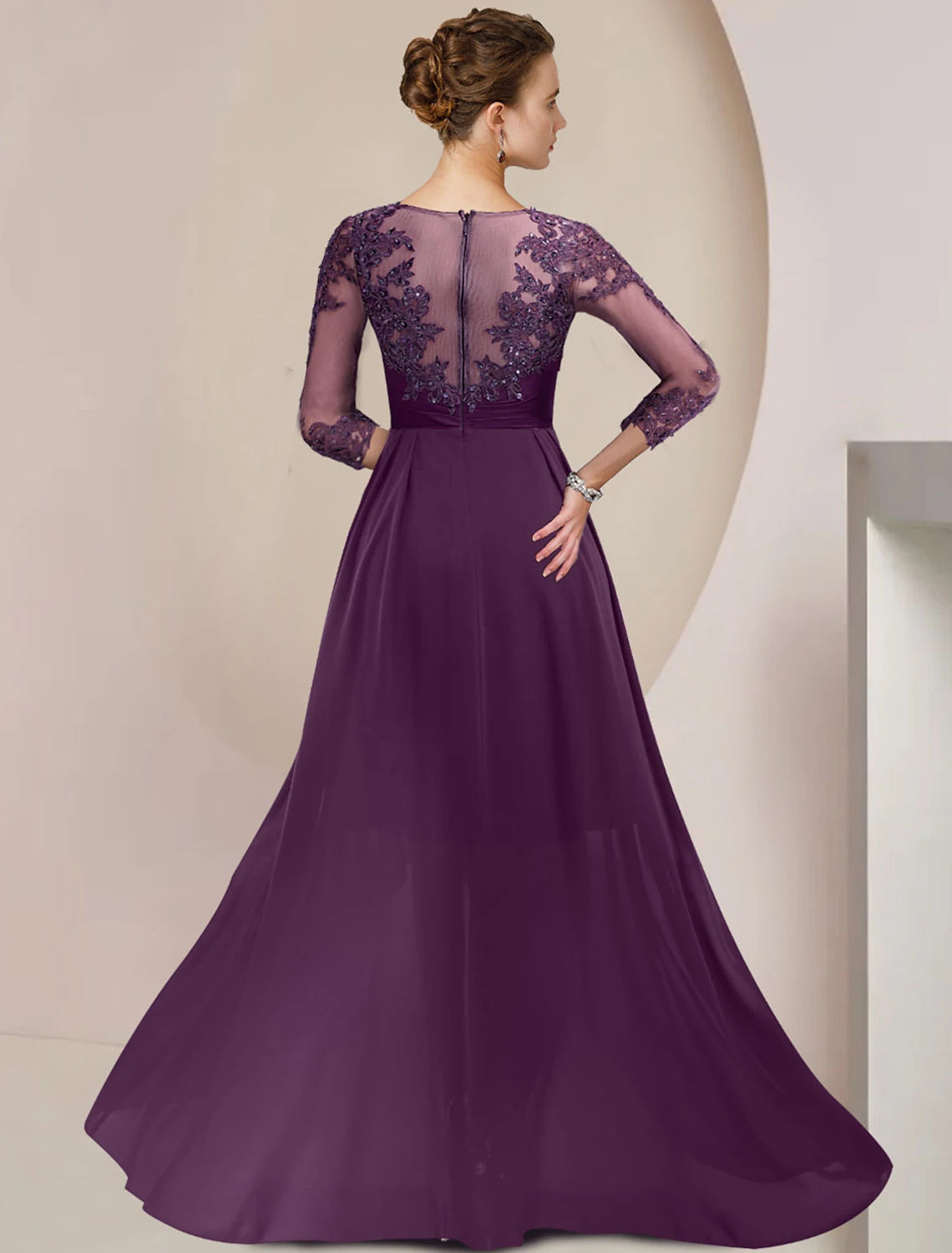 wholesale  Sheath / Column Mother of the Bride Dress Elegant Scoop Neck Knee Length Chiffon Lace 3/4 Length Sleeve with Beading Sequin Appliques