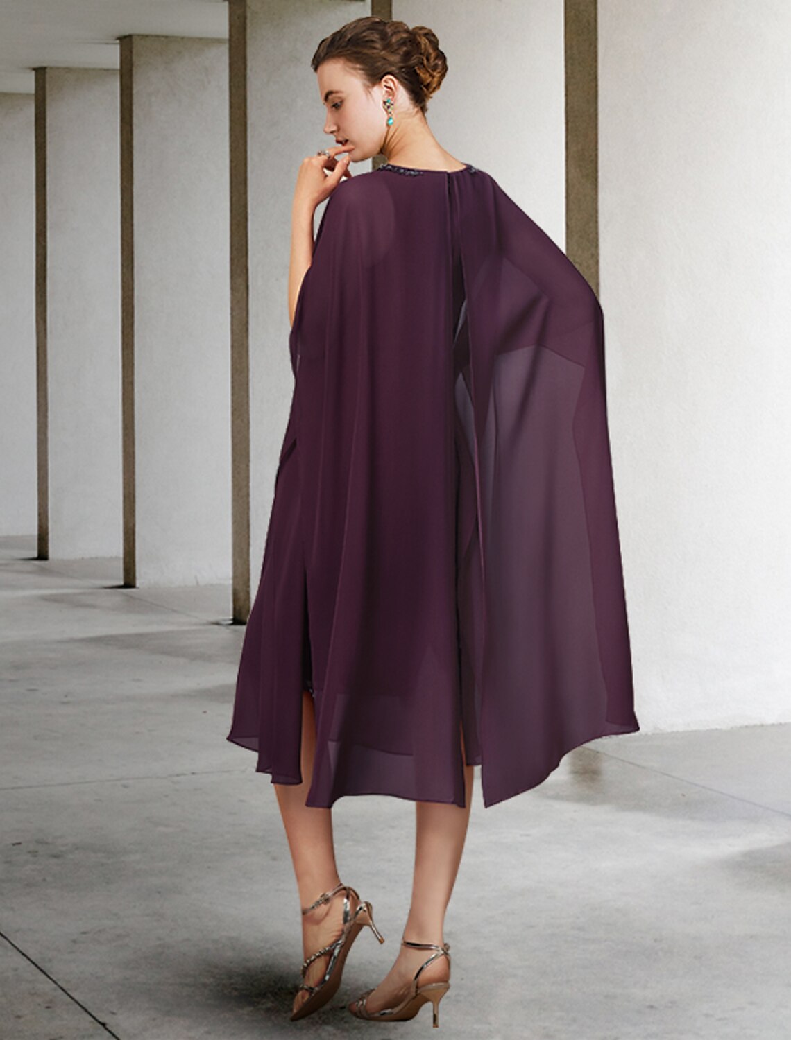 wholesale  Two Piece Sheath / Column Mother of the Bride Dress Elegant Jewel Neck Knee Length Chiffon Lace Sleeveless with Beading