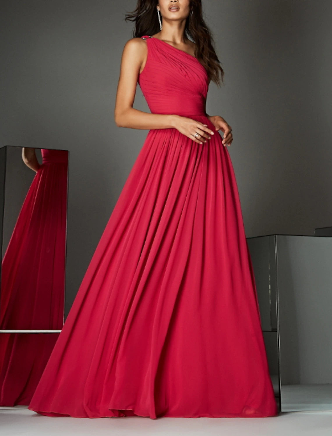Wholesa A-Line Empire Wedding Guest Formal Evening Dress Formal Red Green Dress One Shoulder Sleeveless Sweep / Brush Train Chiffon with Pleats Ruched