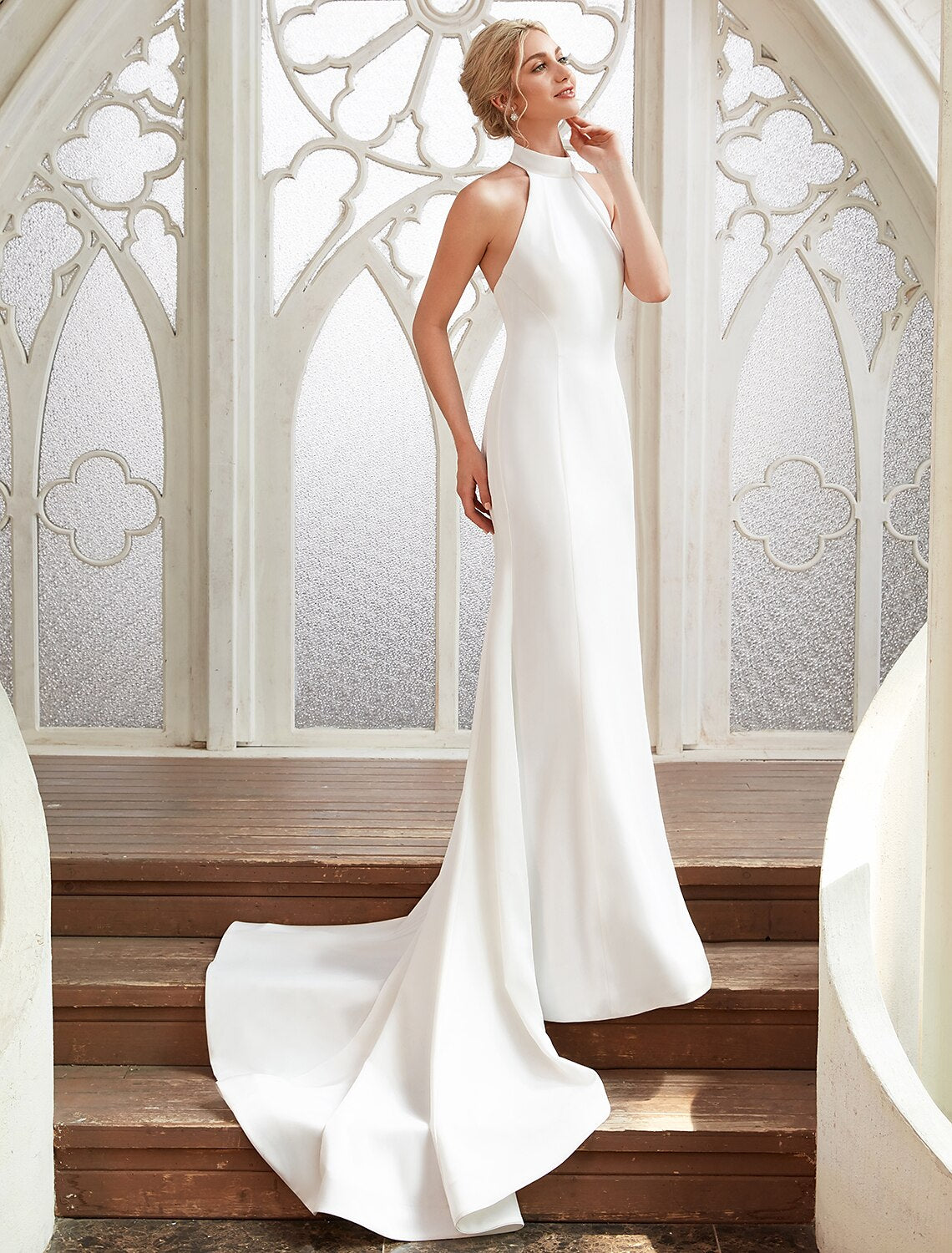 wholesale  Bridal Shower Casual Open Back Wedding Dresses Court Train Sheath / Column Regular Straps Halter Satin With Pleats