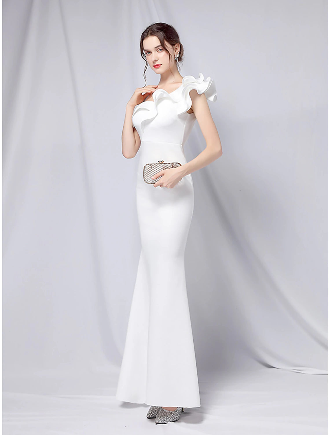 Wholesa Mermaid / Trumpet Evening Gown Empire Dress Wedding Guest Formal Evening Floor Length Short Sleeve One Shoulder Stretch Satin with Ruffles