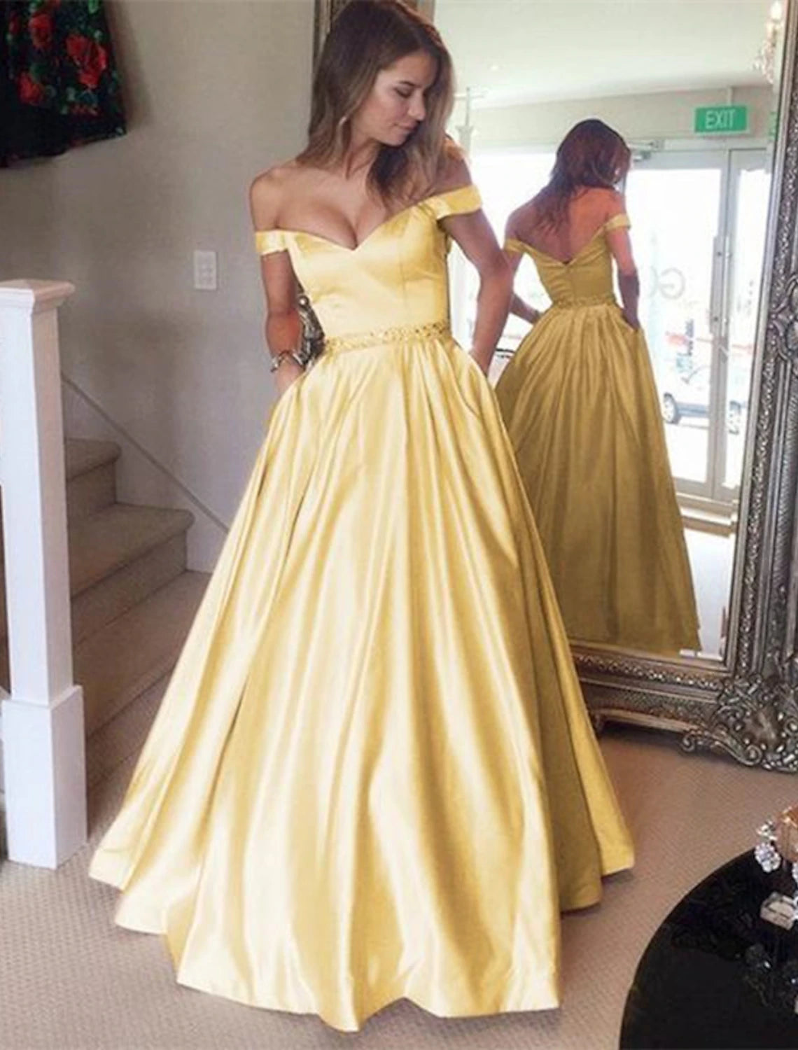 wholesa Ball Gown Elegant Prom Formal Evening Dress Off Shoulder Backless Short Sleeve Floor Length Satin with Pleats Beading