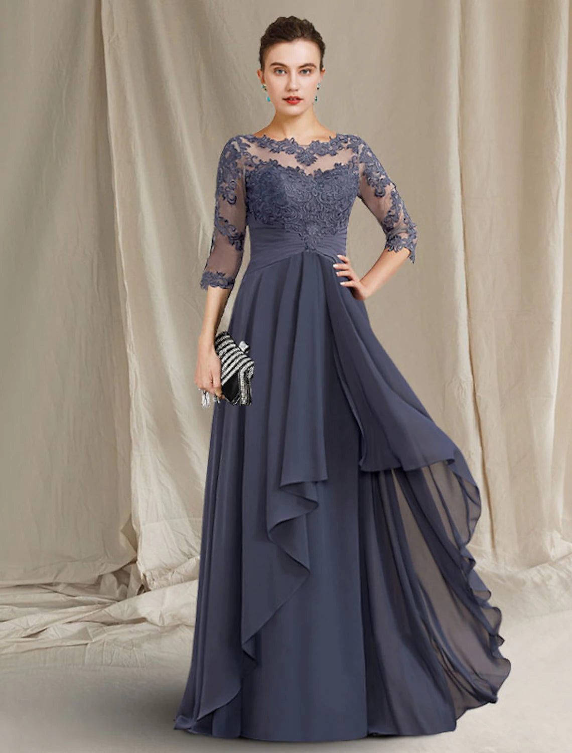 wholesale  A-Line Mother of the Bride Dress Plus Size Elegant Jewel Neck Floor Length Chiffon Lace 3/4 Length Sleeve with Pleats Ruched Appliques