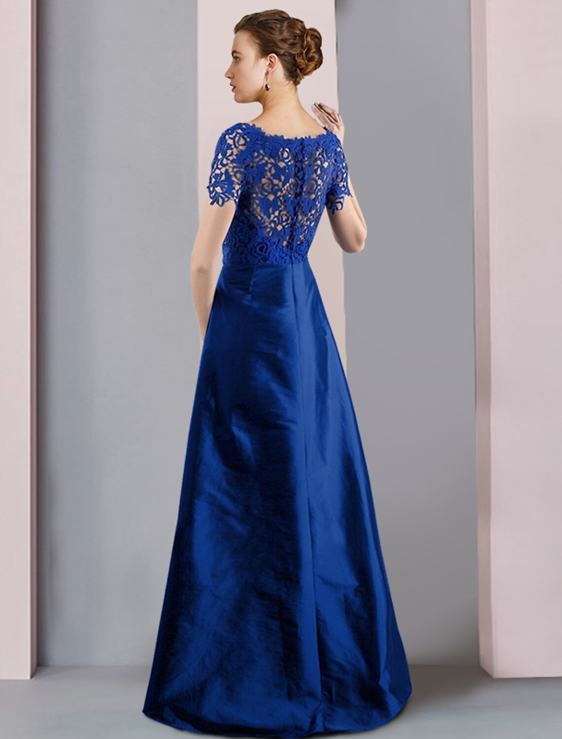 wholesale   Two Piece Sheath / Column Mother of the Bride Dress Formal Church Elegant detachable Scoop Neck Knee Length Lace Taffeta Short Sleeve with Bow(s) Crystal Brooch