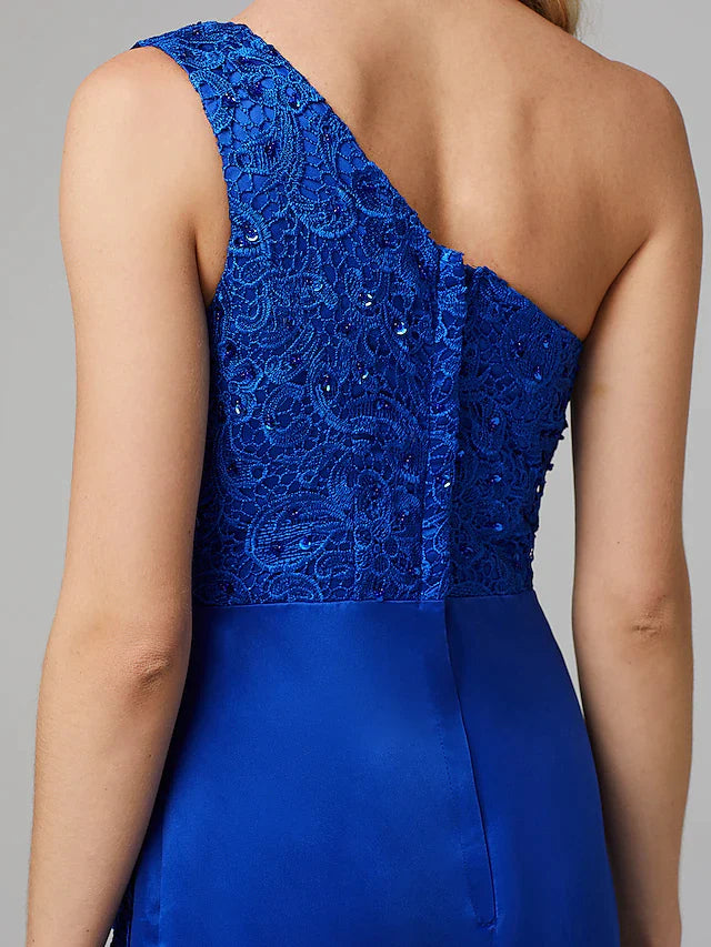 Wholesa Fit & Flare Elegant Dress Holiday Floor Length Sleeveless One Shoulder Lace Over Tulle with Lace