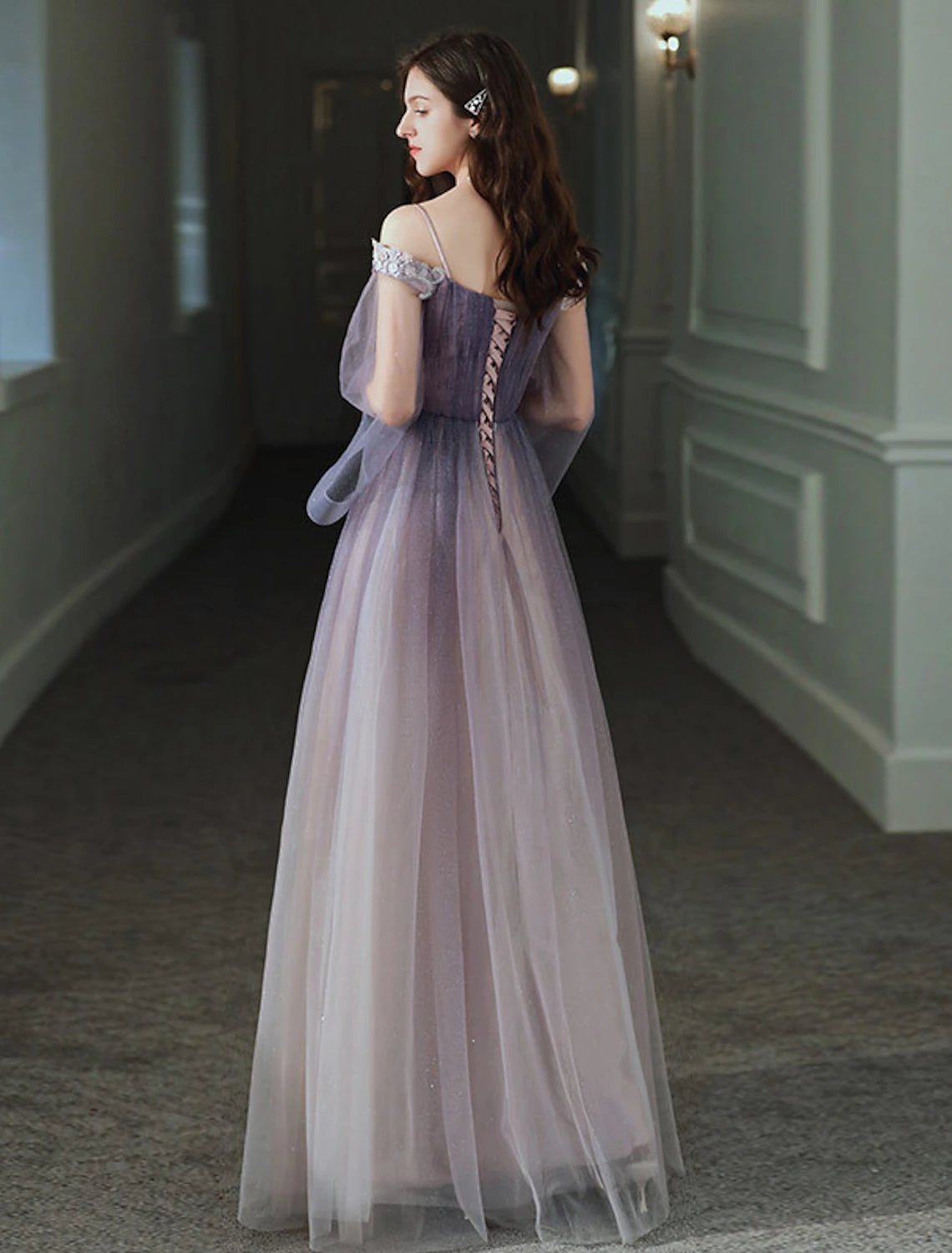 wholesa A-Line Minimalist Elegant Party Wear Prom Dress Off Shoulder Long Sleeve Floor Length Tulle with Appliques