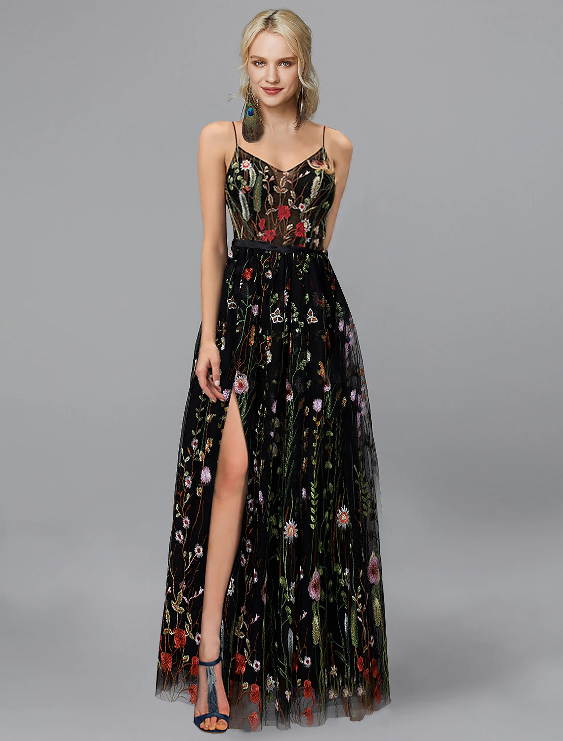 wholesa A-Line Prom Dresses Floral Dress Wedding Guest Formal Evening Floor Length Sleeveless Spaghetti Strap Chiffon with Slit Appliques